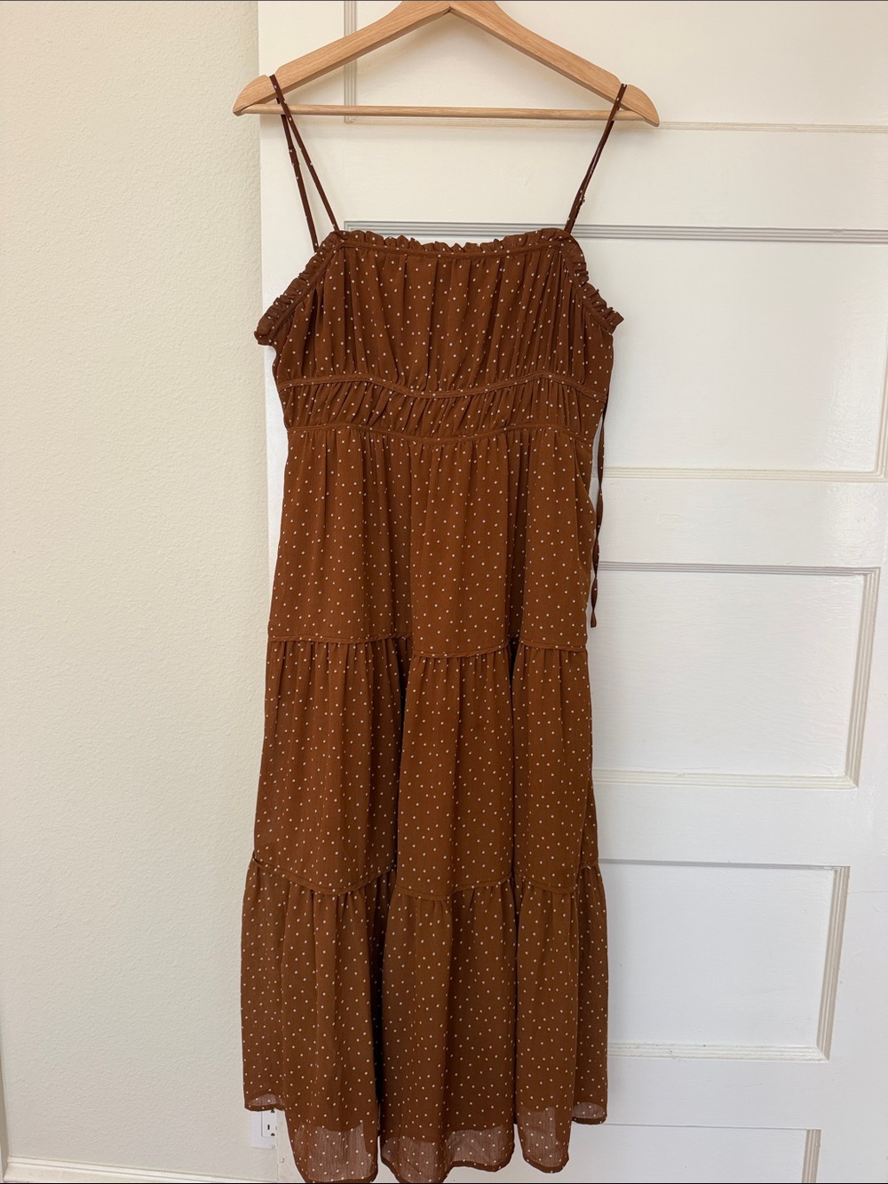 Madewell Brown Polka Dot Tiered Midi Dress